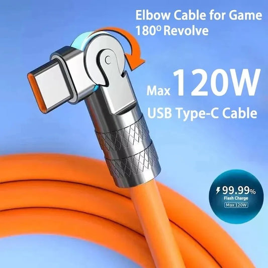 Cable USB tipo C de carga rápida de codo con rotación de 120 grados 180 W, 7A